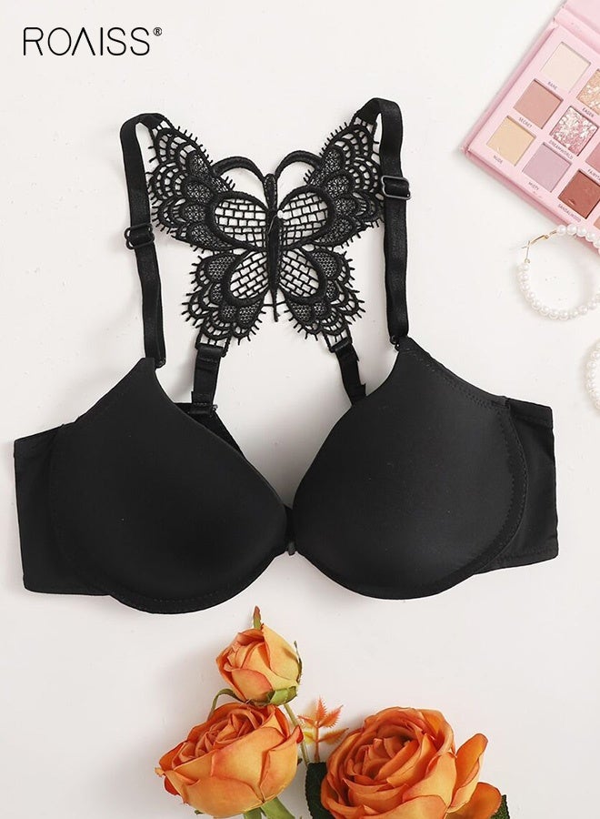 roaiss Women's Front Closure Push up Bra Wire-Free Comfort Butterfly Lace Back Underwear Ladies Adjustable Strap Design Lingerie Cross Strap Bralette Black - Image 3