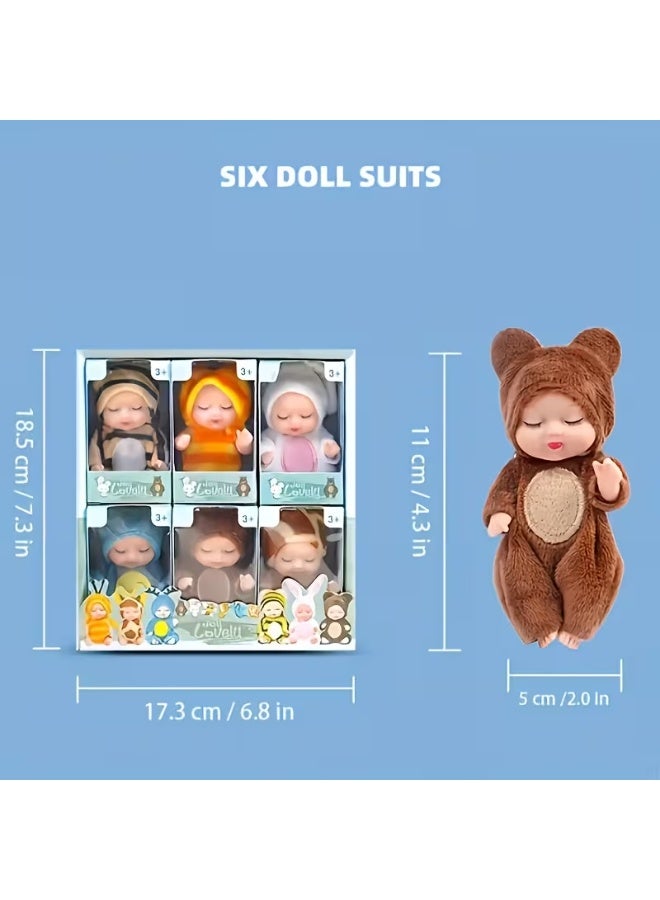 Yalla Pick 6Pcs Mini Baby Dolls Set, Cute Reborn Dolls with Animal Clothes, Movable Joints Soft Body PVC Toys for Toddlers 3 Years+, Ramadan Birthday Gift - Image 2