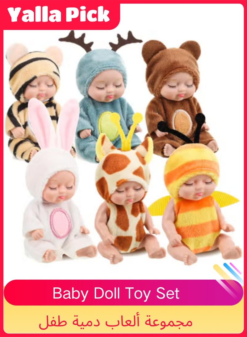 Yalla Pick 6Pcs Mini Baby Dolls Set, Cute Reborn Dolls with Animal Clothes, Movable Joints Soft Body PVC Toys for Toddlers 3 Years+, Ramadan Birthday Gift - Image 1