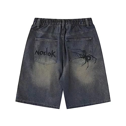 POHADON Y2K Blue Denim Shorts Summer Casual Loose Straight Leg Unisex Baggy Jeans Shorts Jorts Grunge Harajuku Streetwear (Spider,XL) - Image 5
