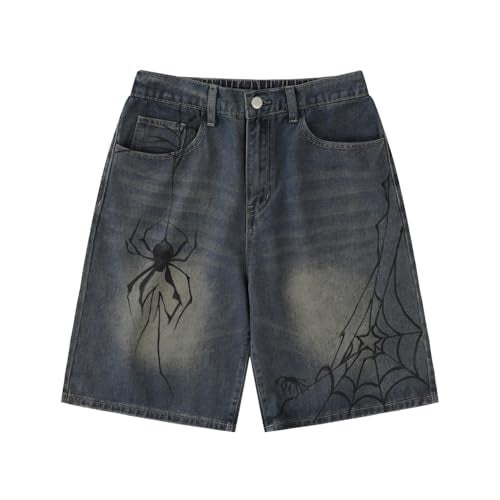 POHADON Y2K Blue Denim Shorts Summer Casual Loose Straight Leg Unisex Baggy Jeans Shorts Jorts Grunge Harajuku Streetwear (Spider,XL) - Image 1