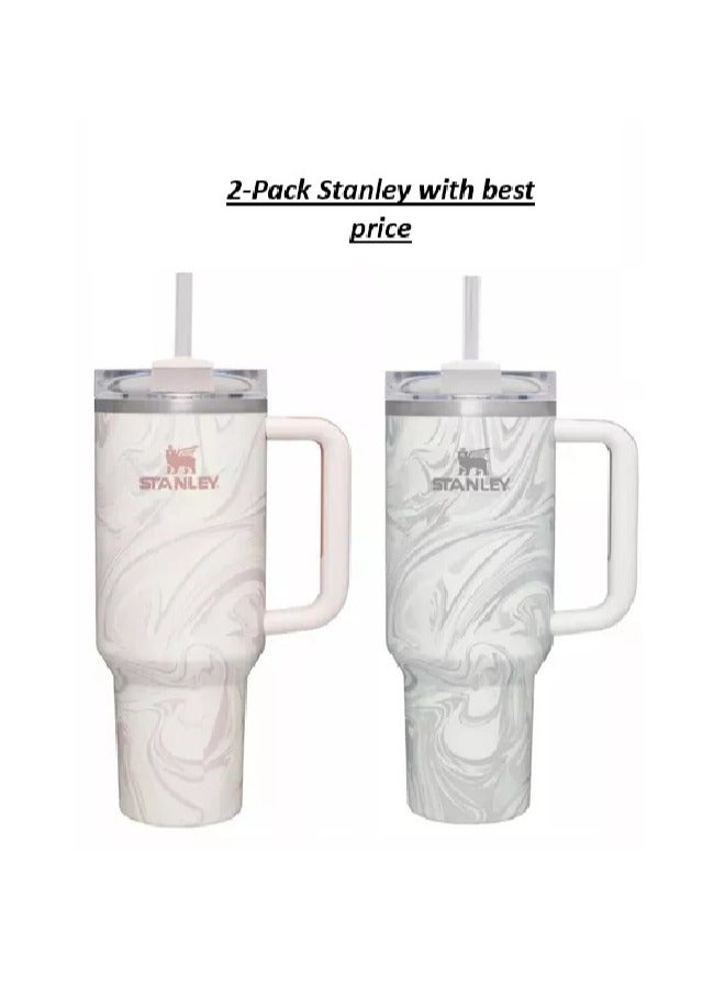 Stanley 2-Pack Quencher H2.0 FlowState 40oz Stainless Steel Vacuum Insulated Tumblers with Leakproof Lids & Reusable Straws – Rose Quartz & Swirl – Double-Wall Design Keeps Drinks Cold 24H/Hot 7H – Durable, Eco-Friendly, Perfect for Gym, Travel, Work & Daily Hydration  - Image 1