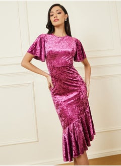Styli Velvet Sheath Midi Dress with Frill Hem  - Image 1