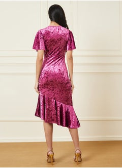 Styli Velvet Sheath Midi Dress with Frill Hem  - Image 4