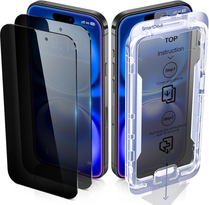 SmartDevil 2 Pack Privacy Screen Protectors for iPhone 16, 9H Top-Shatterproof [Military Grade Protection ] Anti-Spy Privacy Glass Screen Protector with Auto Dust-Elimination Install - Image 1