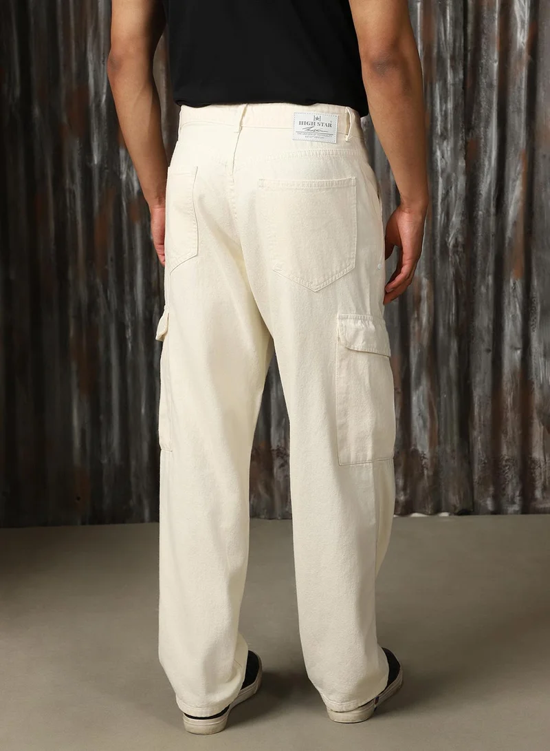 HIGH STAR Men's Ecru 100% Cotton Distressed Full Length Loose Fit Jeans