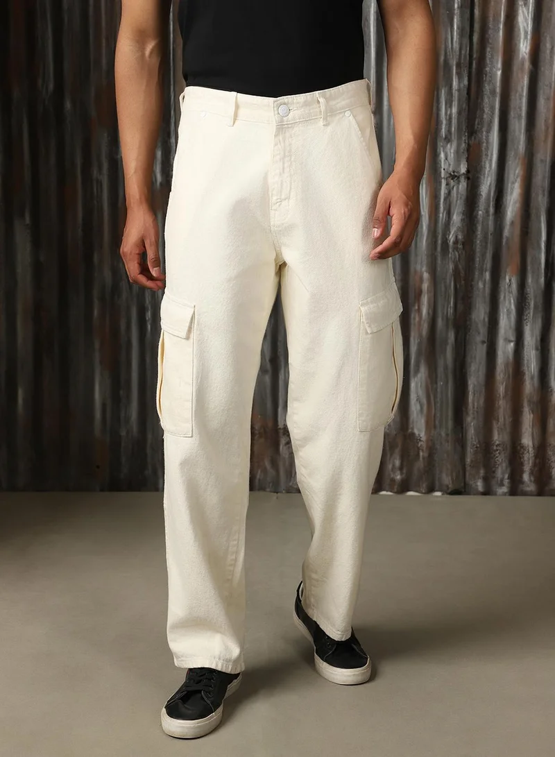 HIGH STAR Men's Ecru 100% Cotton Distressed Full Length Loose Fit Jeans