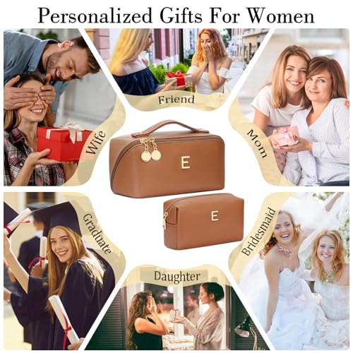 CLOUDWINGS Birthday Gifts for Women Teen Girl, Personalized Initial Makeup Organizer Bag Set, Open Flat Travel Cosmetic Bag With Clear Divider and Handle(Brown,E) - Image 3