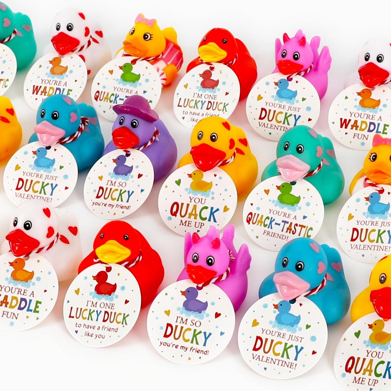 DAZONGE 24Packs Lucky Duck Valentines Cards for Kids, Multi-colored Valentine's Day Gift Tags with Rubber Ducks, Valentineâ€™s Day Cards for Kids School Exchange Activity - Image 1