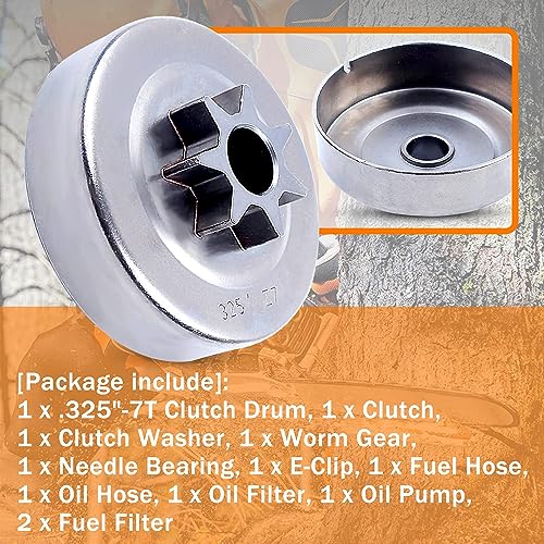 Mtanlo .325" Clutch Drum Sprocket Oil Pump Kit For Stihl 021 023 025 MS230 MS250 Saw US, .325"-7T Clutch Drum, Clutch, Clutch Washer, Worm Gear, Needle Bearing, E-Clip, Fuel Hose - Image 4