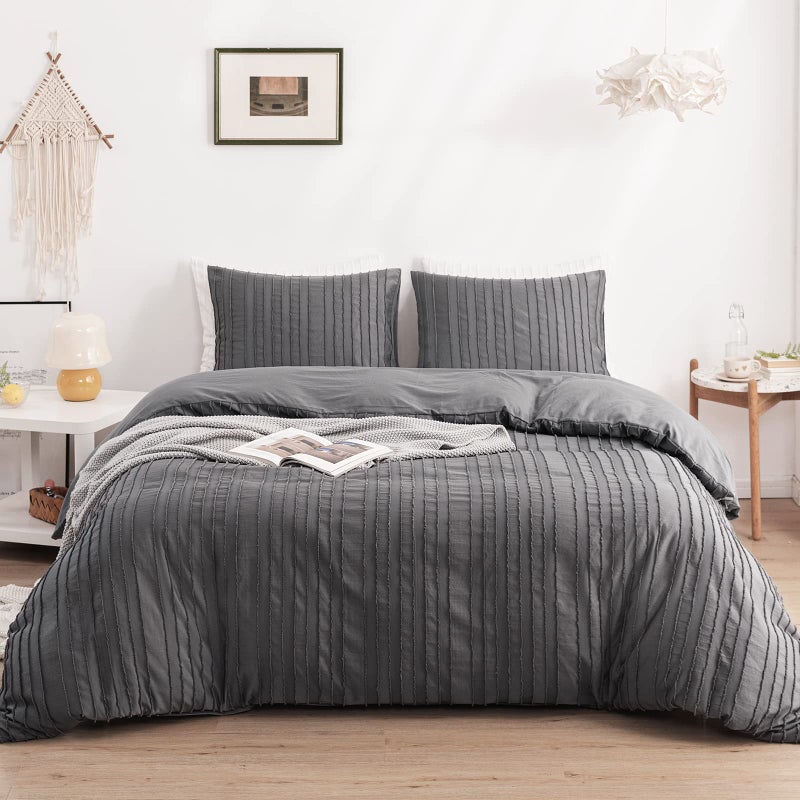 WARMDERN Gray Boho Duvet Cover Set King Size Striped Textured Duvet Cover Tufted Bedding Set 3 Pcs Ultra Soft Washed Microfiber Duvet Cover with Zipper Closure King Gray