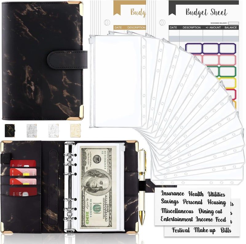 Onlyesh Budget Binder, Cash Envelopes for Budgeting, Money Organizer for Cash, 28Pcs Budget Binder with Cash Envelopes, Marble 6-Ring Money Saving Binder(Black) - Image 1