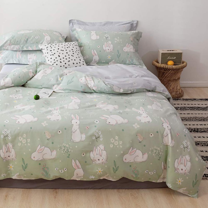 BlueBlue BlueBlue Rabbit Kids Duvet Cover Set Queen 100 Cotton Bedding for Boys Girls Teens Cartoon White Rabbit Flower Cute Pattern Print on Light Green 1 Full Comforter Cover 2 Pillow Shams Queen 