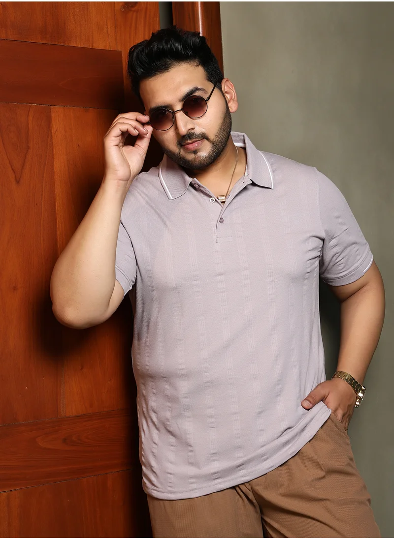 انستافاب بلس Instafab Plus Men's Mauve Purple Parallel-Texture Polo T-Shirt For Casual Wear | Polo Neck | Short Cuffed Sleeves | Half-Button Closure | Plus Size T-Shirt Crafted With Comfort Fit For Everyday Wear
