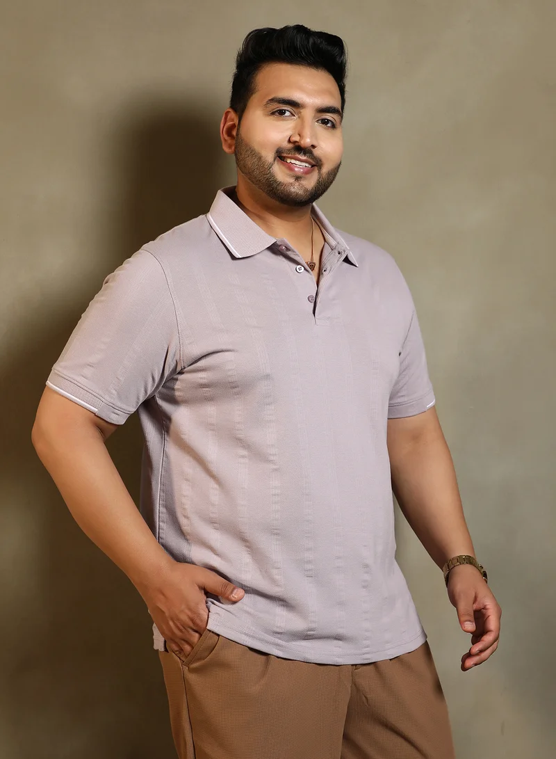 Instafab Plus Instafab Plus Men's Mauve Purple Parallel-Texture Polo T-Shirt For Casual Wear | Polo Neck | Short Cuffed Sleeves | Half-Button Closure | Plus Size T-Shirt Crafted With Comfort Fit For Everyday Wear