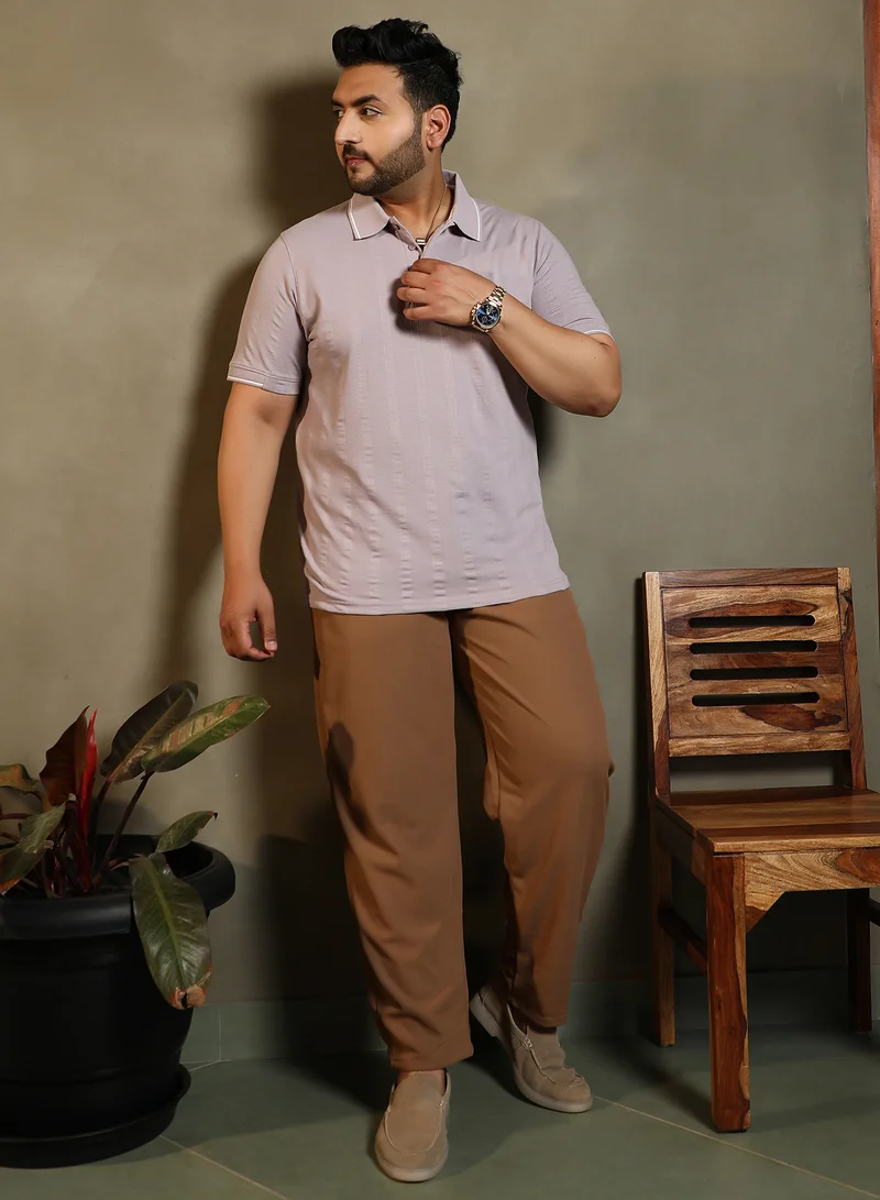 Instafab Plus Instafab Plus Men's Mauve Purple Parallel-Texture Polo T-Shirt For Casual Wear | Polo Neck | Short Cuffed Sleeves | Half-Button Closure | Plus Size T-Shirt Crafted With Comfort Fit For Everyday Wear