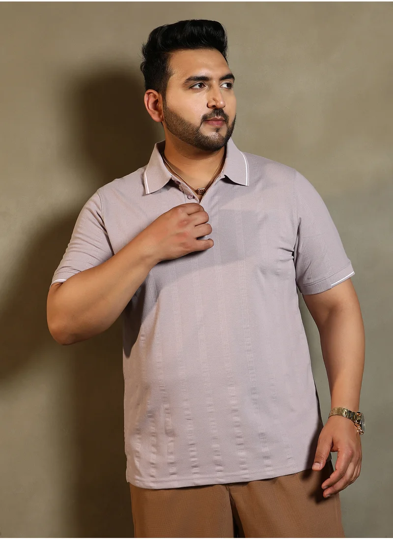 انستافاب بلس Instafab Plus Men's Mauve Purple Parallel-Texture Polo T-Shirt For Casual Wear | Polo Neck | Short Cuffed Sleeves | Half-Button Closure | Plus Size T-Shirt Crafted With Comfort Fit For Everyday Wear