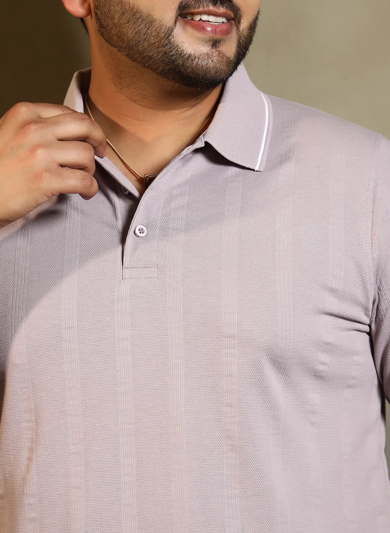 Instafab Plus Instafab Plus Men's Mauve Purple Parallel-Texture Polo T-Shirt For Casual Wear | Polo Neck | Short Cuffed Sleeves | Half-Button Closure | Plus Size T-Shirt Crafted With Comfort Fit For Everyday Wear