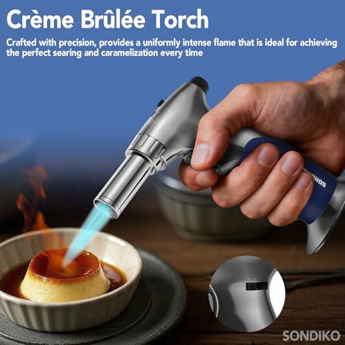 Sondiko Dual Adjustable Flame Butane Torch Lighter, Mini Blow Torch, Refillable kitchen Torch with Continuous Flame Lock for Creme Brulee, Cooking(Butane Gas Is Not Included) - Image 4