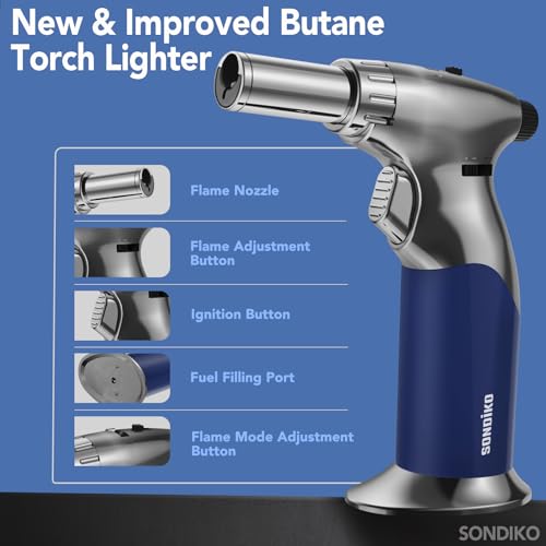 Sondiko Dual Adjustable Flame Butane Torch Lighter, Mini Blow Torch, Refillable kitchen Torch with Continuous Flame Lock for Creme Brulee, Cooking(Butane Gas Is Not Included) - Image 5