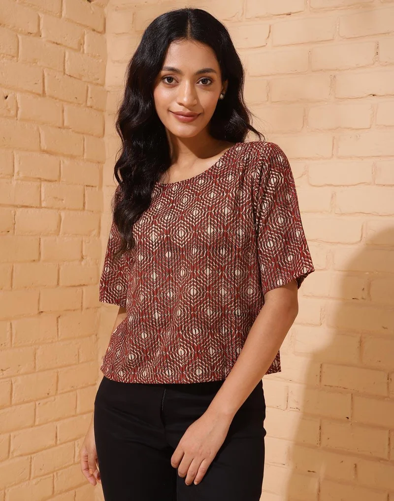 فاب انديا Red Cotton Printed Short Top