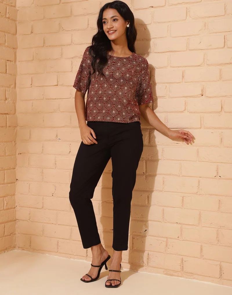 فاب انديا Red Cotton Printed Short Top