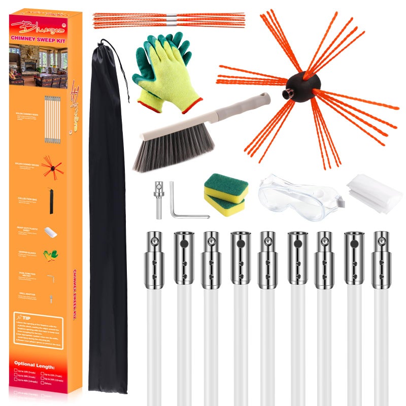 BlueSea مجموعة تنظيف المدخنة بلو سي 30 قدم - مجموعة تنظيف المدخنة المريحة تمتد حتى 30 قدم - أدوات تنظيف المدخنة - نظام تنظيف المدخنة مع فرشاة قوية و 9 قضبان مرنة للمدخنة