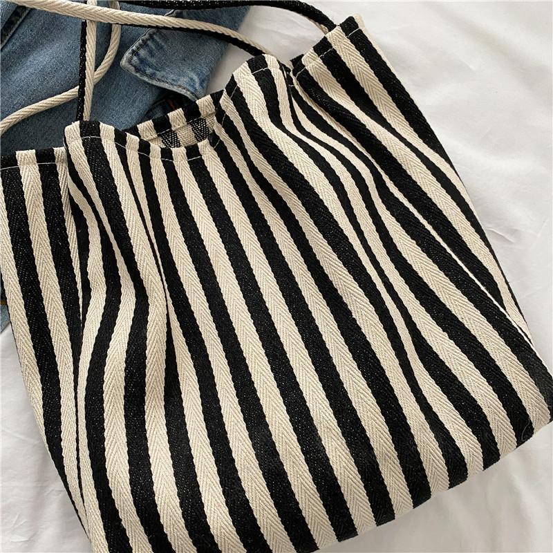 Large Capacity Striped Canvas Shoulder Bag for Women - Image 3