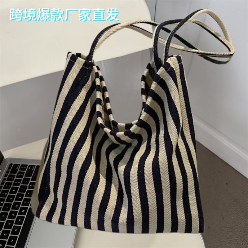 Large Capacity Striped Canvas Shoulder Bag for Women - Image 1