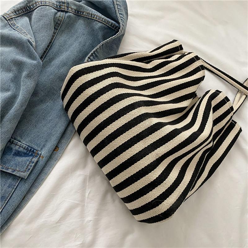 Large Capacity Striped Canvas Shoulder Bag for Women - Image 2