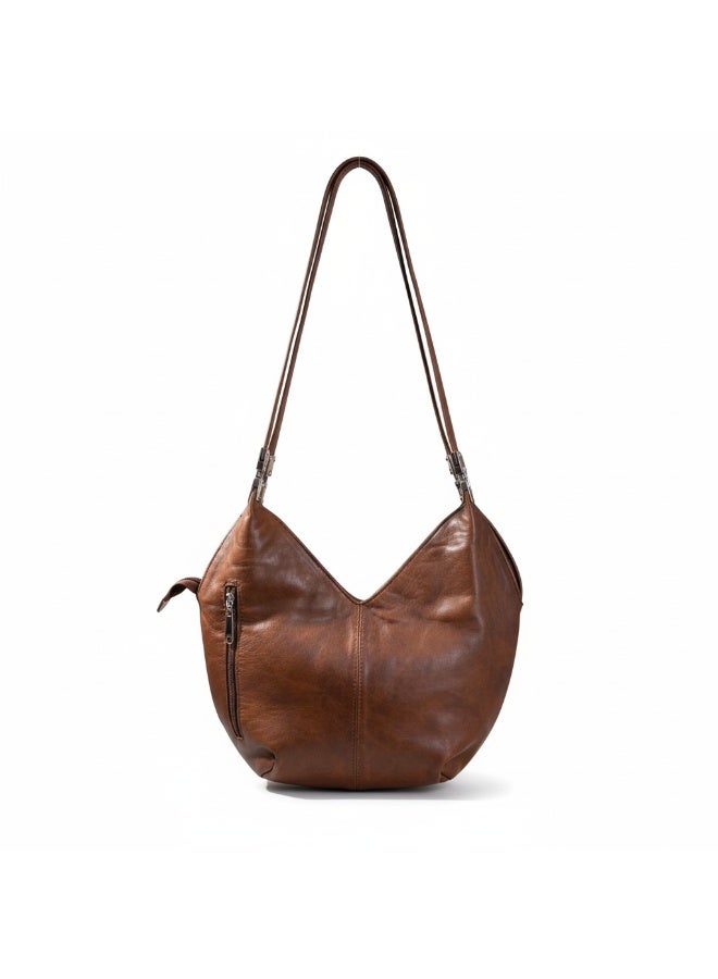 Handmade Women's V-Shape Hobo Handbag - Brown Leather-Look Design - Trendy Shoulder Bag with Side Zipper Pockets - Image 1