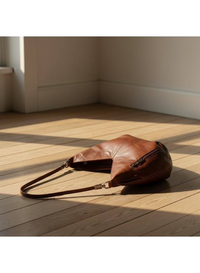 Handmade Women's V-Shape Hobo Handbag - Brown Leather-Look Design - Trendy Shoulder Bag with Side Zipper Pockets - Image 4