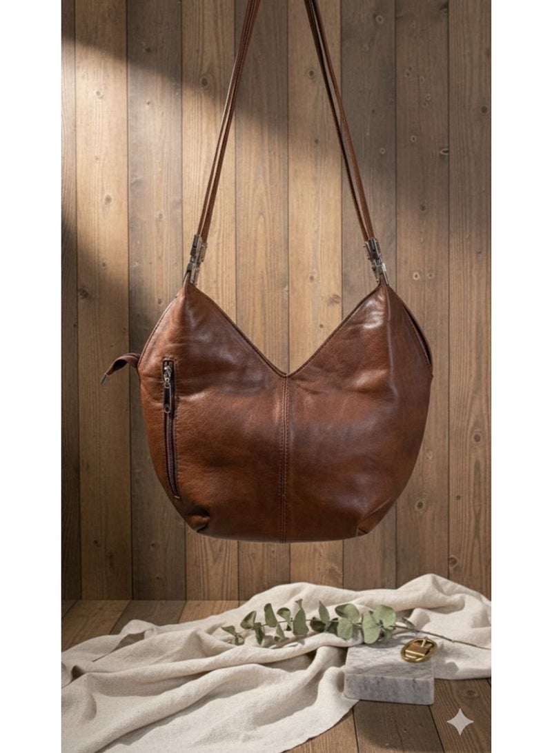 Handmade Women's V-Shape Hobo Handbag - Brown Leather-Look Design - Trendy Shoulder Bag with Side Zipper Pockets - Image 2