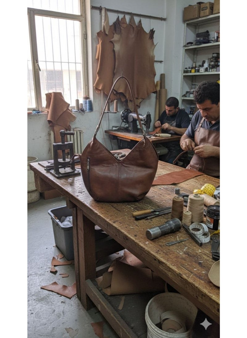 Handmade Women's V-Shape Hobo Handbag - Brown Leather-Look Design - Trendy Shoulder Bag with Side Zipper Pockets - Image 3