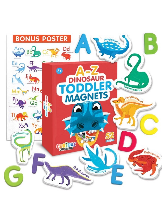 كيوريس كولومبوس - مغناطيسات الديناصورات - 52 مغناطيس ثلاجة للأطفال الصغار مع أحرف أبجدية مغناطيسية من الإسفنج لتعلم الأطفال الصغار - مغناطيسات الأطفال الصغار - مغناطيس ثلاجة على شكل ديناصور لتعليم الأطفال الصغار - Image 1