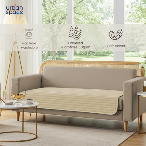 Urban Space 1 Seater Quilted Velvet Sofa Cover Mat, Easy Care & Machine Washable Sofa Cover, Velvet Sofa Seat Mat for Couch for Living Space (1 Seater - Beige) - Image 2