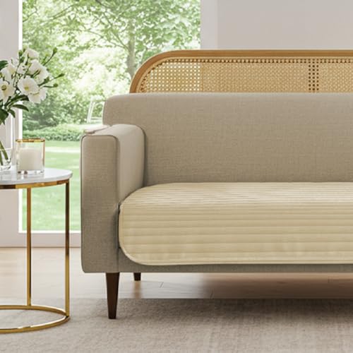 Urban Space 1 Seater Quilted Velvet Sofa Cover Mat, Easy Care & Machine Washable Sofa Cover, Velvet Sofa Seat Mat for Couch for Living Space (1 Seater - Beige) - Image 1