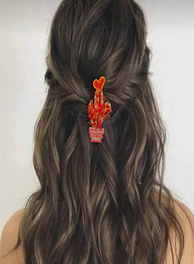Abeo India Handmade Beaded Cactus Hair Clip with Heart Design, Orange and Red, 7.6 cm Length - Image 3