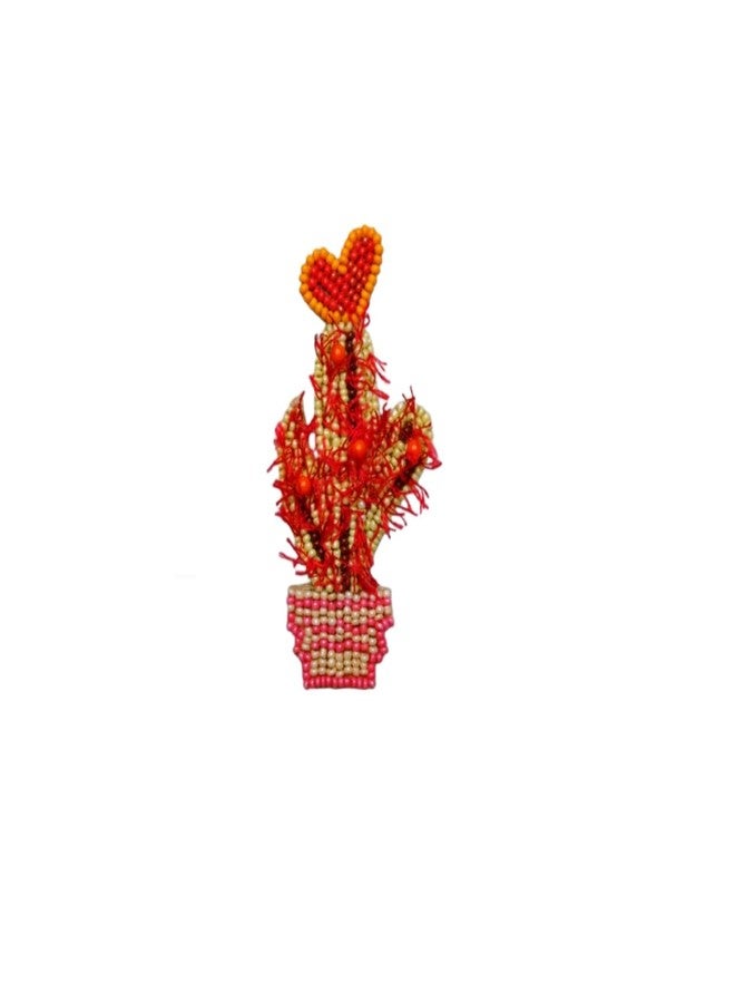 Abeo India Handmade Beaded Cactus Hair Clip with Heart Design, Orange and Red, 7.6 cm Length - Image 1