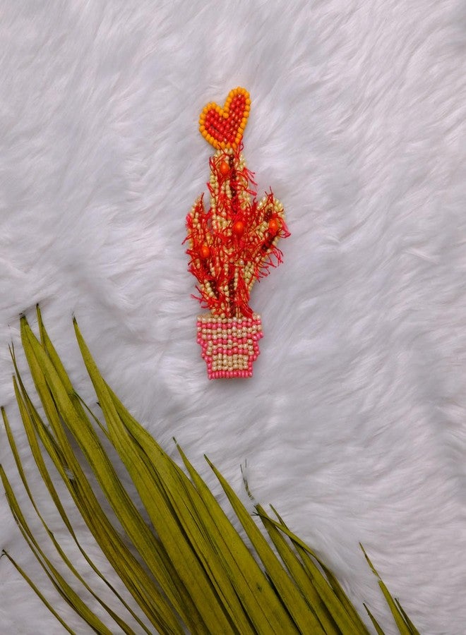 Abeo India Handmade Beaded Cactus Hair Clip with Heart Design, Orange and Red, 7.6 cm Length - Image 2