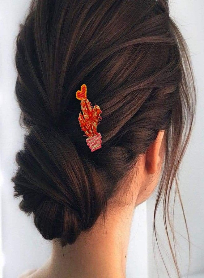 Abeo India Handmade Beaded Cactus Hair Clip with Heart Design, Orange and Red, 7.6 cm Length - Image 4