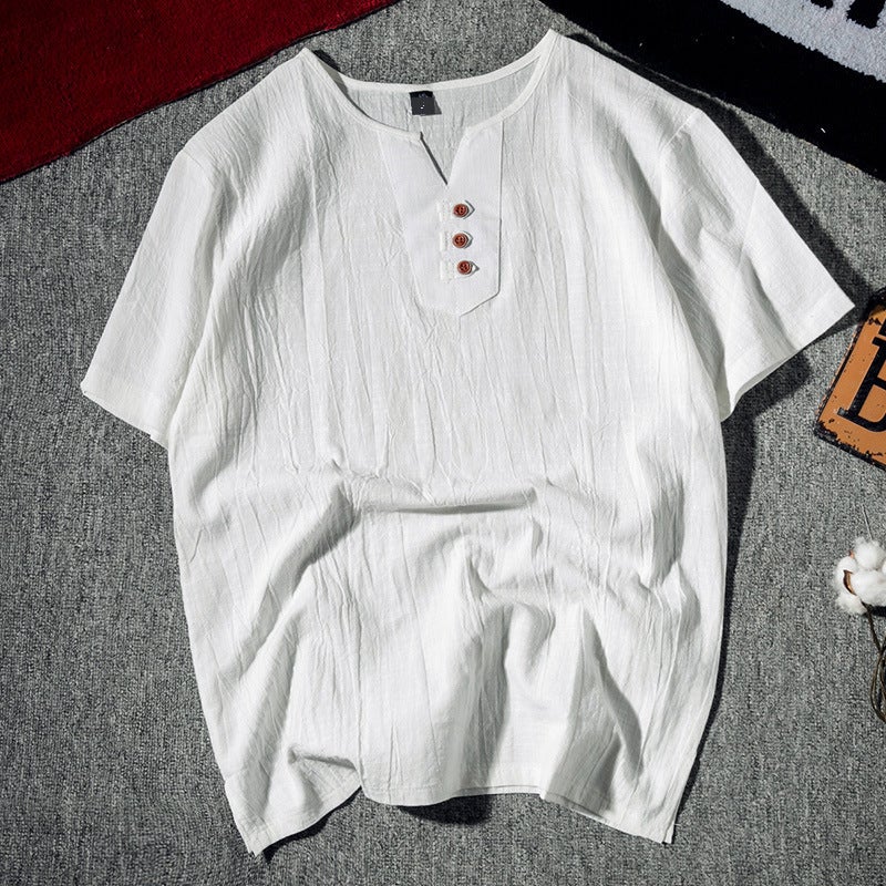 Factory direct summer new cotton and linen Chinese style simple men's T-shirt wholesale short sleeve plus size loose sports T-shirt - Image 1