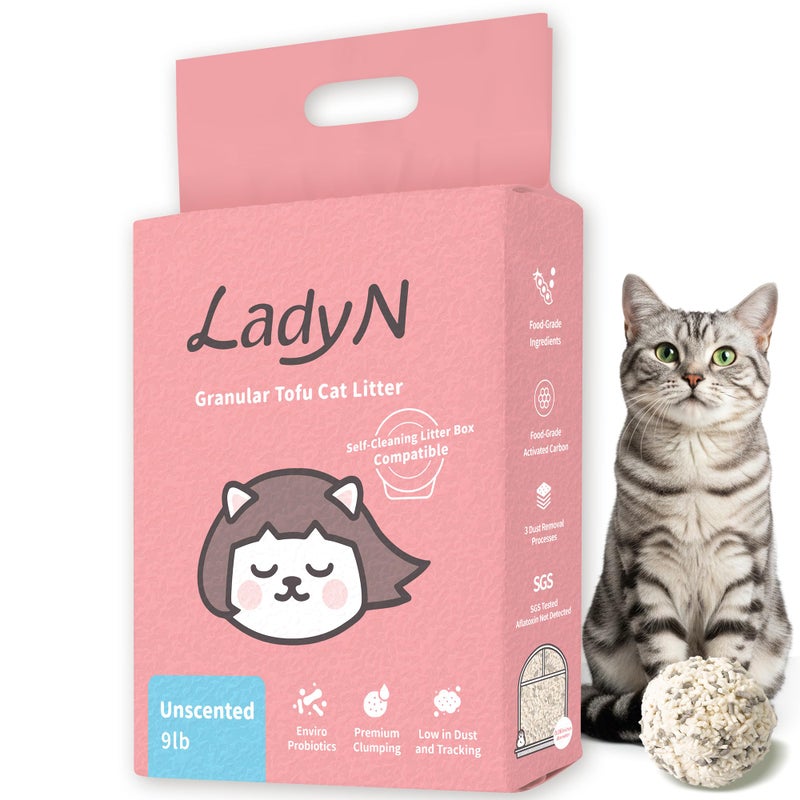 Lady N Granular Tofu Cat Litter Mini-Pellet Compatible with Automatic Self Cleaning Cat Litter Box, Strong Clumping, Low Dust, Odor Control Activated Charcoal 9lb - Image 1