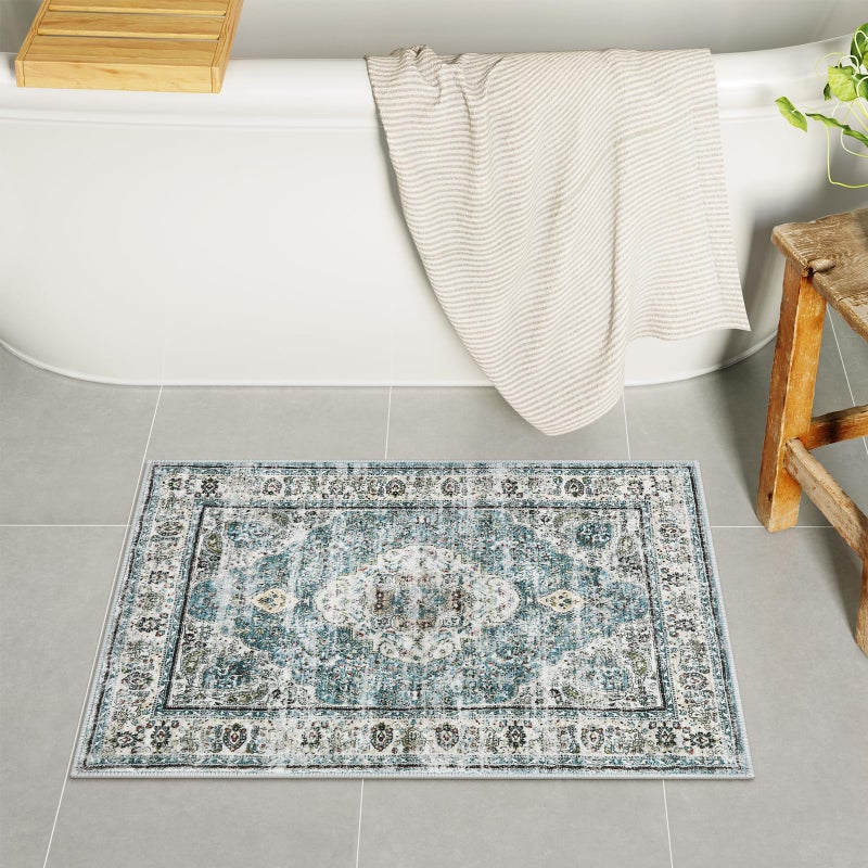 Uphome Blue Bathroom Rugs, Distressed Farmhouse Boho Bath Mat, Comfy Velvet Small Bath Rugs Non Slip Washable, Vintage Oriental Toilet Rug for Sink Shower Vanity, 18x26 inch - Image 1