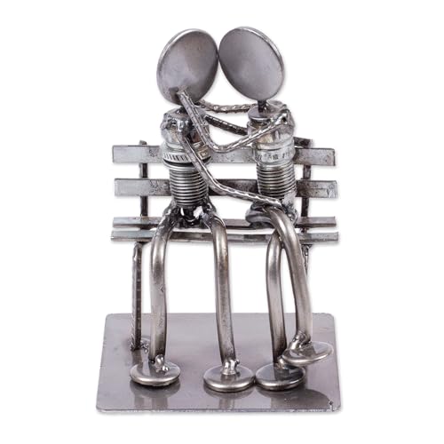 NOVICA تمثال معدني رومانسي من قطع غيار السيارات المعاد تدويرها من NOVICA، بارتفاع 4.7 بوصة 'أحباء مقعد الحديقة' - Image 1