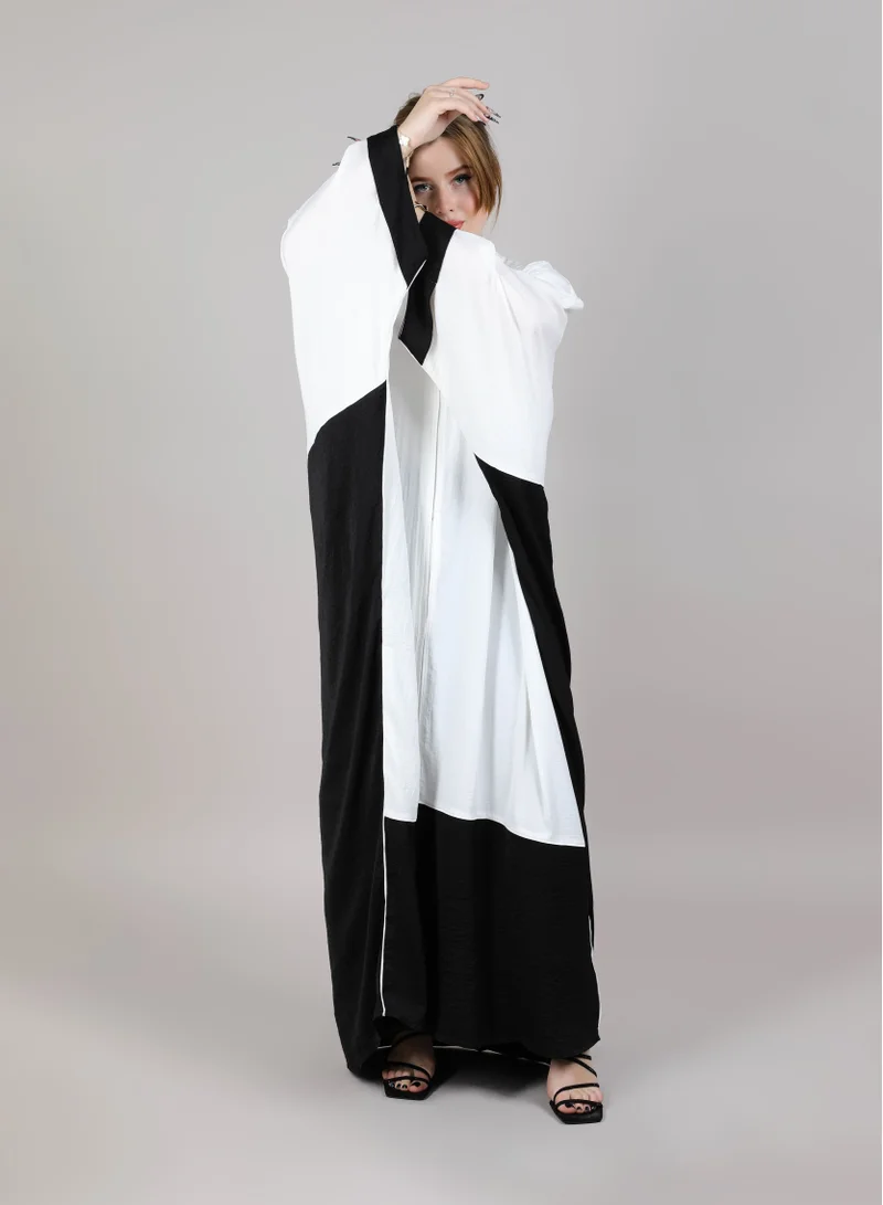 أم سكوير فاشن MSquare Fashion V Neck Color Blocked White And Black Harir Maqsood Bisht Abaya