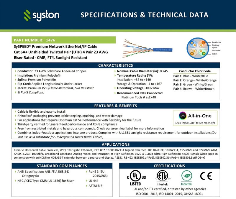 Syston Cable Technology Cat 6A+ Ethernet Network Cable, 750MHz 23AWG Solid Bare Copper Wire Outdoor/Indoor, No Ends 100/250/500/1000 Ft Available, Heat Resistant Riser Rated (50 FT, CMR, White-CMR) - Image 2