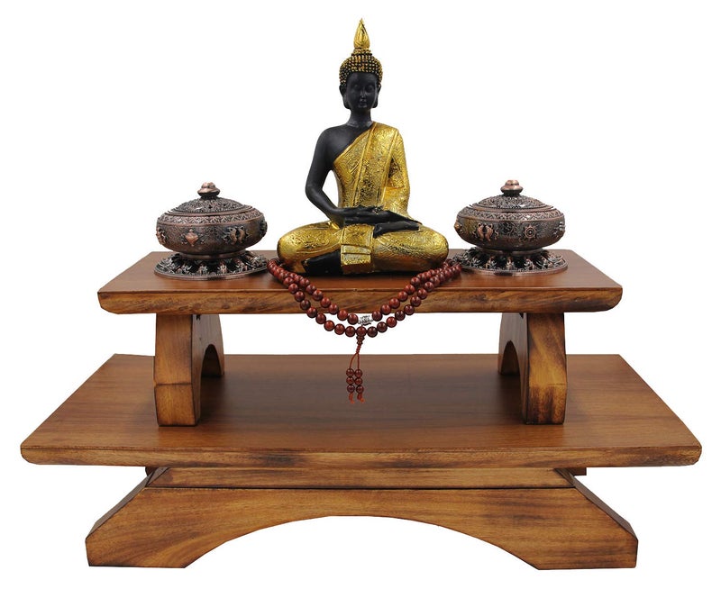 DharmaObjects Premium Solid Wood Hand Carved Personal Shrine Altar Meditation Table Multi Levels 9 High