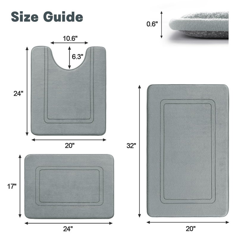 YIHOUSE Memory Foam Bath Mat Set, Non Slip Bath Mats for Bathroom, Super Soft and Water Absorbent Bath Rug Set, Machine Washable U Shape Toilet Mats, Light Grey - Image 5