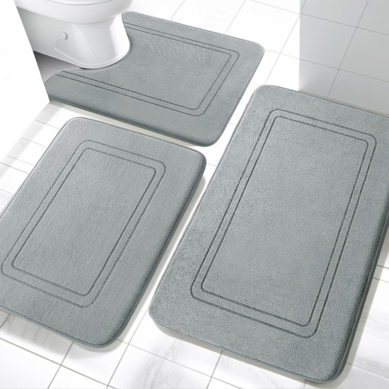 YIHOUSE Memory Foam Bath Mat Set, Non Slip Bath Mats for Bathroom, Super Soft and Water Absorbent Bath Rug Set, Machine Washable U Shape Toilet Mats, Light Grey - Image 1